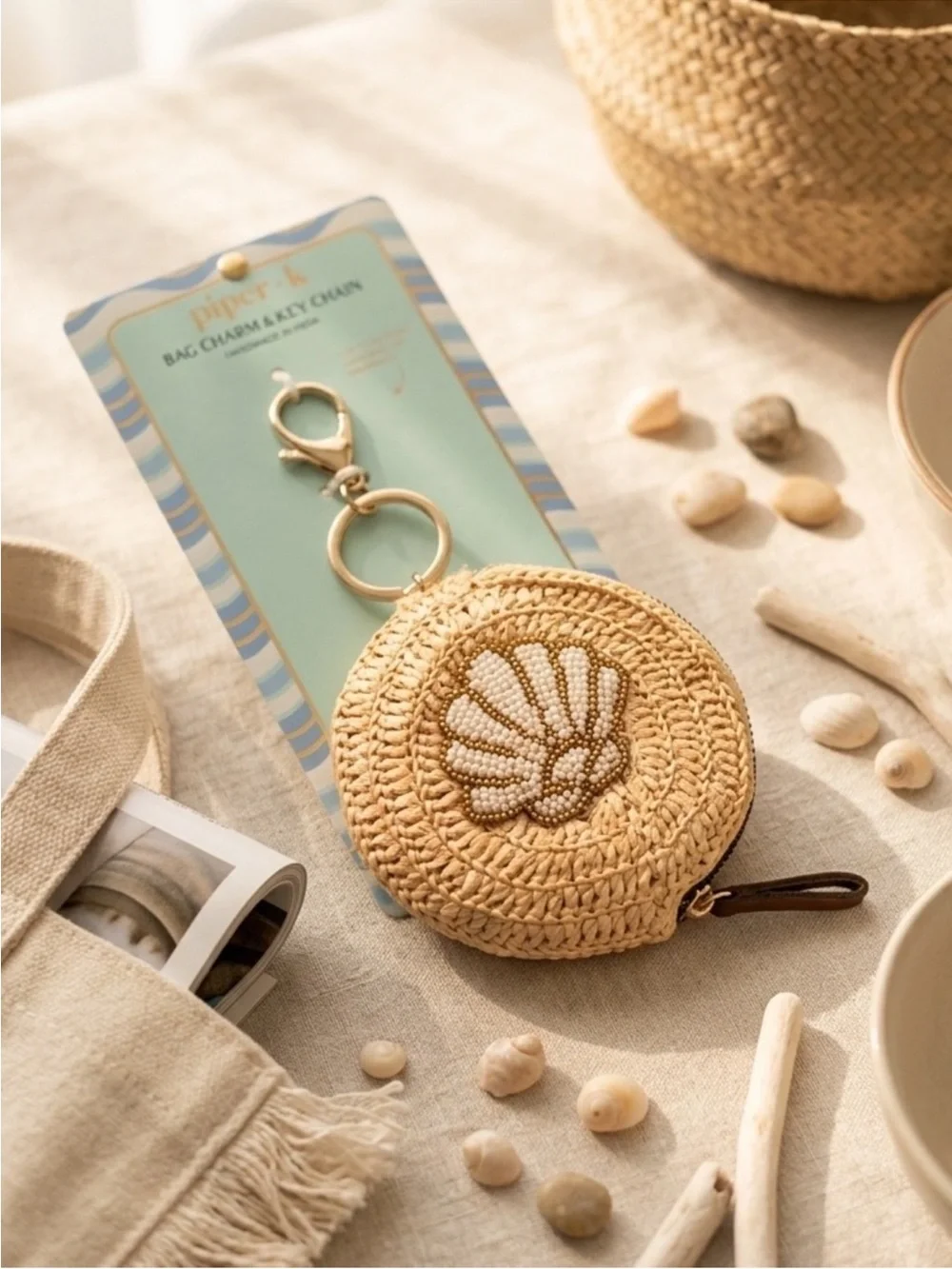 Piper K Natural Straw Shell Key & Card Holder